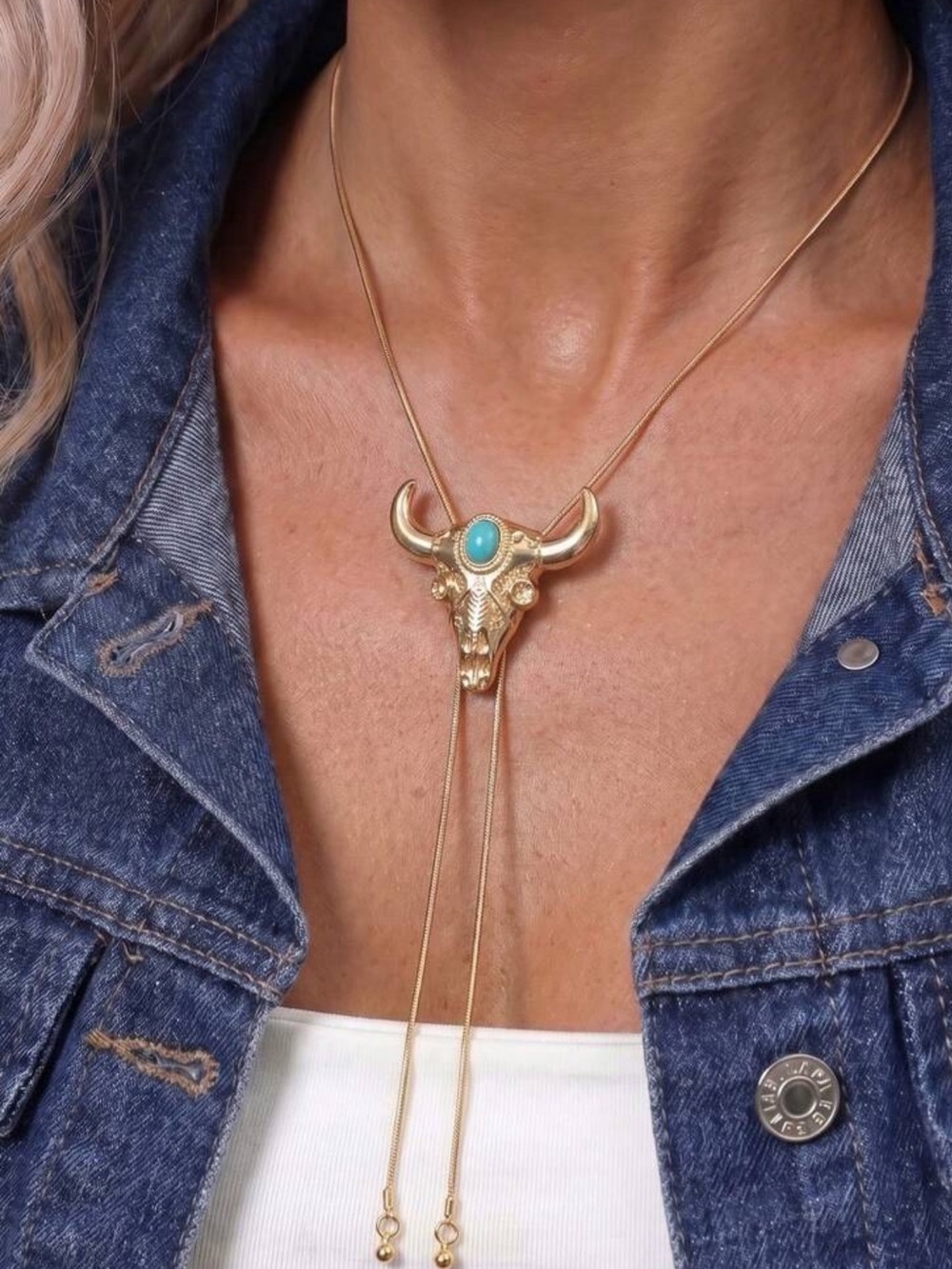 Gold Bull Skull Lariat Necklace with Turquoise Accent